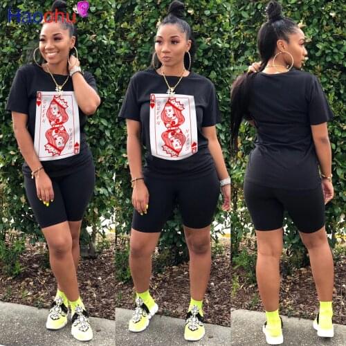 HAOOHU Casual Women Poker Card Q print o-neck tee tops shorts jogger sweatpants suit two piece set sport matching set outfit
