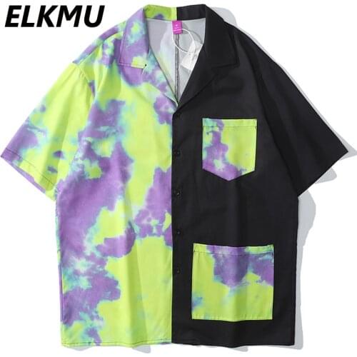 ELKMU 2021 Summer Shirts Tie-dye Color Block Patchwork Shirt Hip Hop Streetwear Loose Blouse Male Harajuku Pocket Design HE668