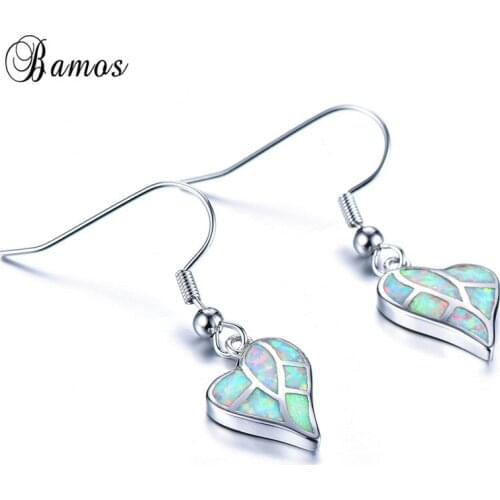 Bamos Bohomian Blue/White Opal Heart Drop Earrings Elegant Rainbow Dangle Earrings For Women Silver Color Charm Jewelry