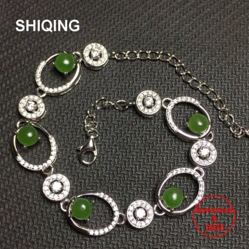 SHIQING Real gemstone nature green jasper 925 sterling silver fashion moon eyes bracelet for women