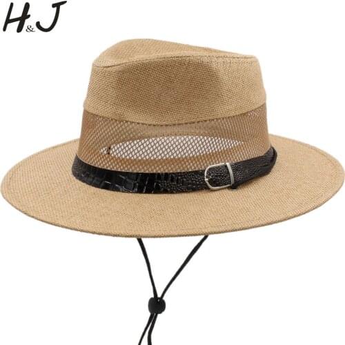 Women Men Straw Sun Hat With Mesh Dad Panama Hat For Beach Sunbonnet Jazz Hat With Wind Rope Size 58CM A0182-XSJ
