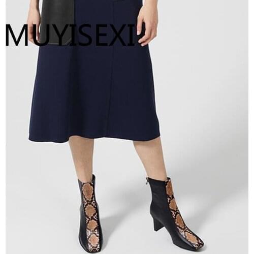 Snake texture design genuine leather lady 6.5cm high heel zip mixed colors square toe fashion office dating boots HL316 MUYISEXI