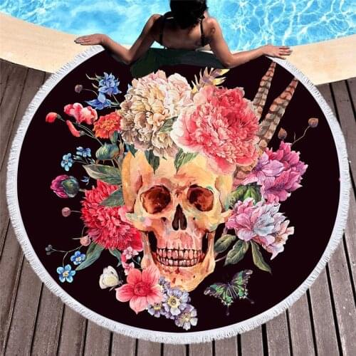 European and American Holiday Round Skull Print Beach Towel Oversized Round Skull Lace Beach Towel Tassel Bathroom Set