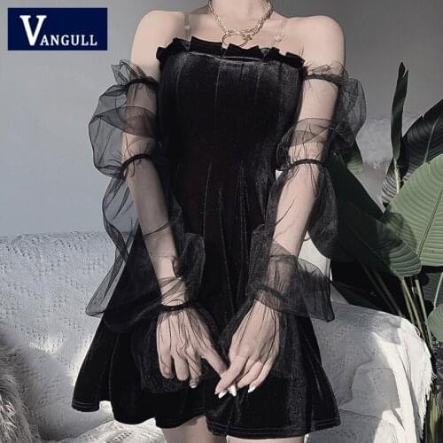 Vangull Black Velvet Mesh See -through Puff Sleeve Pleated Dress Gothic Slash Neck Ladies Mini Pleater Lolita Dress Party Dress