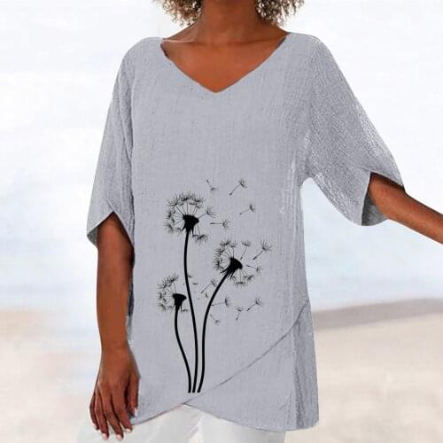 Vintage Womens Blouse Dandelion Printed V-neck Irregular Top Loose Blouse Harajuku Half Sleeve Ruffle Hem Tunic Tops Shirt #709