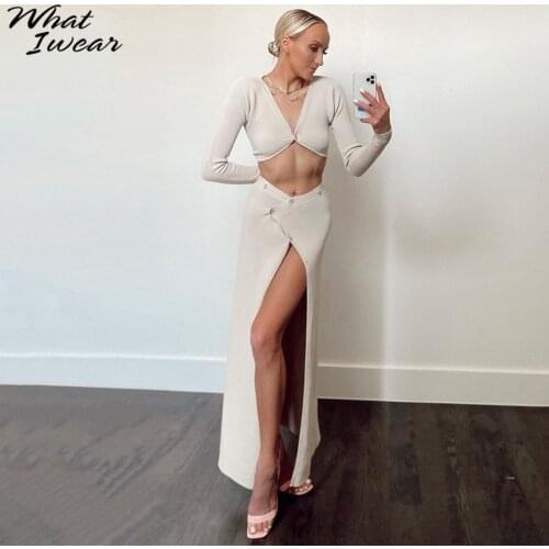 Whatiwear Elegant Ribbing Solid 2 Piece Set Woman One-Button Long-Sleeved Top High-Slit Skirt Button Design Sexy Slim Party Suit