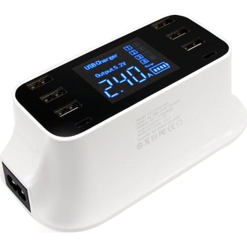 Charging Station Multiple USB Charger Desktop Charger Hub 6 Port with LED Double Type-c Ports Power Adapter White