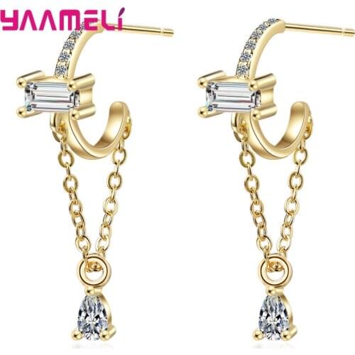 New Design Tassel Geometric Clear Zircon Gold Color 925 Sterling Silver Hanging Drop Earrings For Women Ladies Earrings