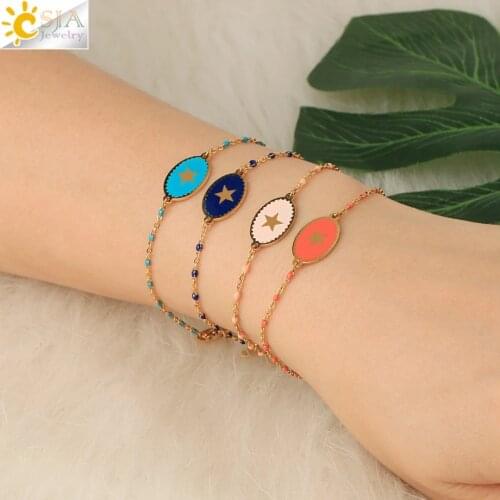 CSJA Stainless Steel Bracelet Women Enamel Star Charm Gold Color Link Chain Beaded Luxury Thin Acier Inoxydable Bracelets S718