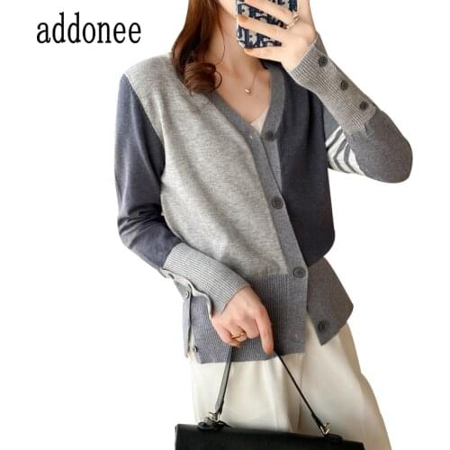 2021 ladies spring and autumn latest style V-neck stitching color fashion casual cotton blend knitted cardigan jacket couple swe