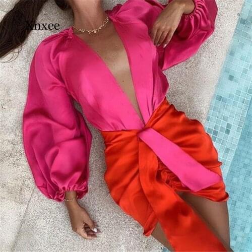 Spring and Autumn Womens Long Puff Sleeve V-Neck Satin Pleated Sexy Mini Dress Two-Piece Party Elegant Street Wear