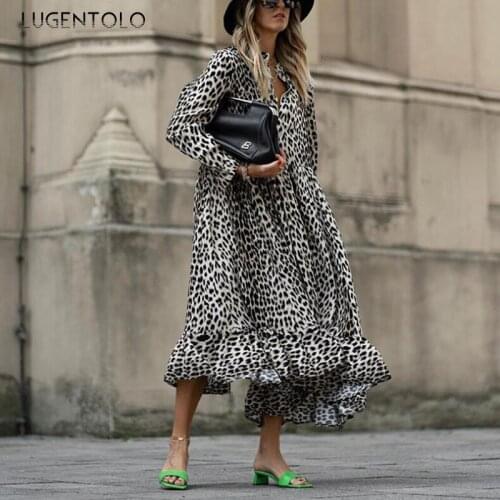 Women Summer Dress Long Sleeve Leopard Print Dresses Loose Big Swing Thin Casual Female Long Dress