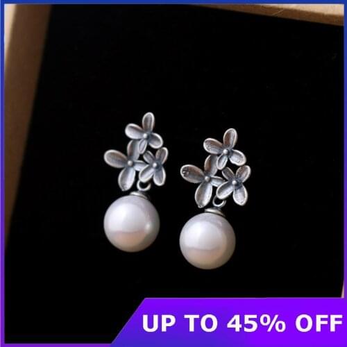 100% 925 Sterling Silver Thai Handmade Flower Shell Pearl Stud Earrings Women Fine Jewelry Vintage Trendy Gift Party Earrings