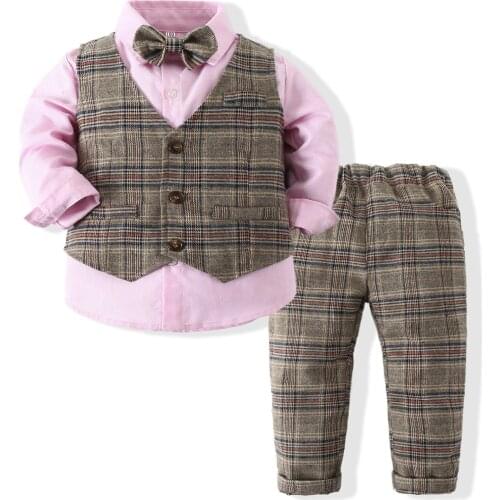 2021 Autumn Kids Boys Clothes Wedding Suits Plaid Vest + Pink Shirt + Pants 3 PCS Outfits Children Outerwear