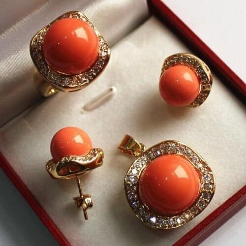 AAA+ natural Jewelry set 12-14mm orange shell pearl,ring, pendant stud earring