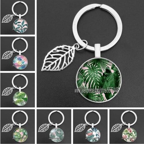Green Tropical Leaves Glass Pendent Keychain Tropical Green Plant Leaf Glass Cabochon Key Rings for Women