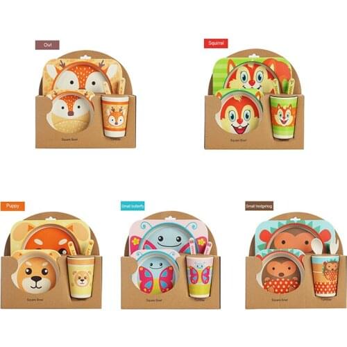 Baby Bamboo Fiber 5 Pcs/Set Tableware Set Baby Plate Children Cartoon Separation Plate Bowl Fork Spoon Cup Set Feeding Supplies