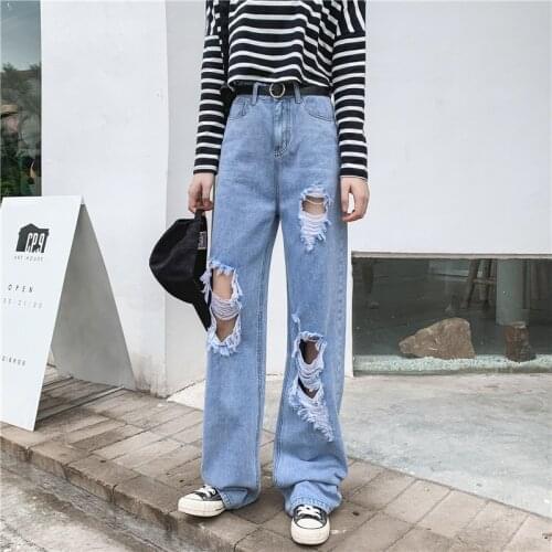 Spring Autumn 2020 hip hop high waist ripped jeans female summer loose large size fat 5X wide leg straight mopping Denim jeans