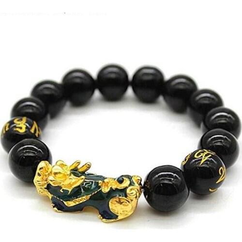 Feng Shui 10mm Hand Carved Mantra Bead Bracelet Porsperity Black Bead Bracelet with Color Changed Pi Xiu/Pi Yao Attract Wealth