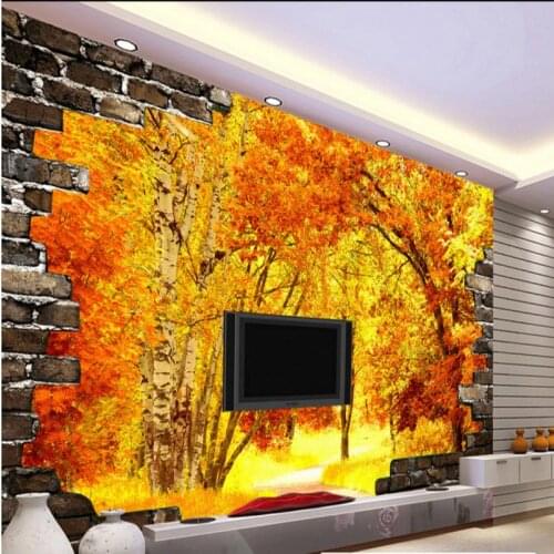 Photo wallpaper Natural scenery background wallpaper 3D classic brick wall maple leaf TV backdrop mural