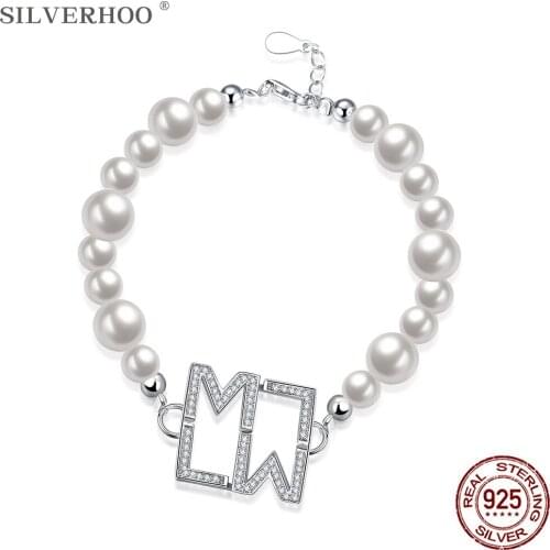 SILVERHOO S925 Sterling Silver Shell Pearl Bracelet For Women Trendy CZ Letter LM Charm Bracelets Elegant Female Party Jewelry
