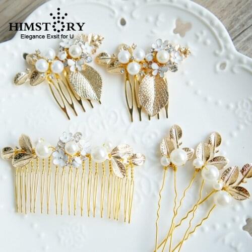 HIMSTORY 6pcs Set Wedding Bridal Princess Crystal Rhinestone Gold Diamante Leaf Flower Pearl Hair Pins Clips Grips Hair Comb