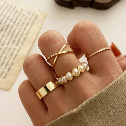 4pcs/Set Couple Rings Gothic Retro Simulation Pearl Joint Luxury Rings For Women Wholesale Jewelry Wedding Rings Pierscionki