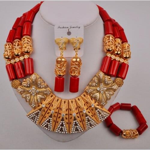 Red Coral Jewelry Necklace Nigerian Wedding African Beads Jewelry Set Dubai Gold Bridal Set