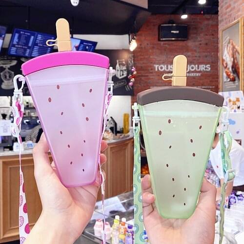 Summer Plastic Straw Popsicle Water Bottle Cute Ice Cream Water Bottle Portable Kids Water Bottles For Girls With Strap Straw