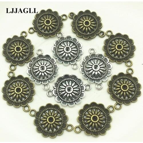 LJJAGLL Zinc Alloy 21*28mm Silver Bronze 15Pcs/loy Sunflower Filigree Charms Connectors Jewelry Link Findings Diy Making ALJQ013