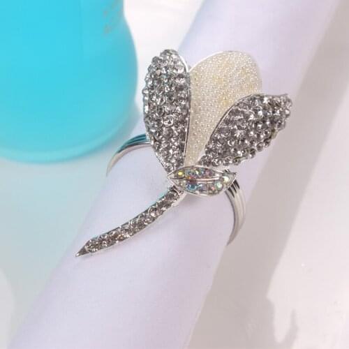 Silver Plating with White Pearls And Clear Rhinestones Jeweled Tulip Metal Alloy Napkin Rings