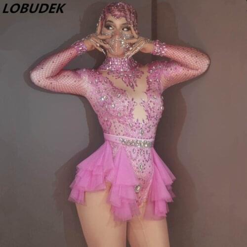 Pink Lace Rhinestones Bodysuit Elastic Skinny Sexy Women Singer Dancer Stage Wear Birthday Party Show Nightclub Costume