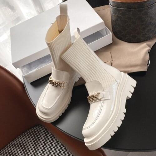 Autumn Winter Knitted Socks Boots Women 2021 Winter Platform Shoes Woman Show Leg Thin Ankle Booties Chain Chaussure Femme