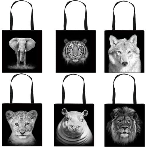 Black White Animals Shopping Bag lions Tigers Tote Shopper Bag Women Canvas Shoulder Bag Female Funny Eco Large-capacity Handbag