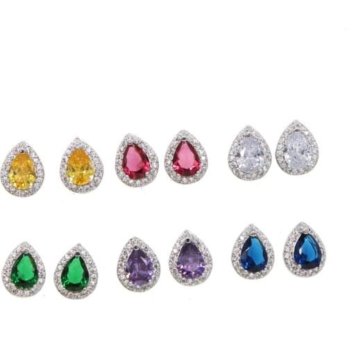 2018 high quality colorful Multi Color CZ Stone teardrop waterdrop shape Stud Earrings for Girls Fashion Nickel Free Jewelry