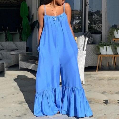 2021 Loose Jumpsuits Women Blue Spaghetti Strap Flare Pants Oversized Boho Fashion High Street Wear Long Jumpsuits Indie Bodycon