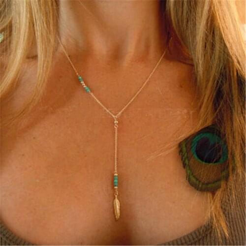 Women Retro Bar Drop Bohemia Necklace Simple Boho Vintage Jewelry Lariat gold / sliver filled Feather pendant Y Necklaces Collar