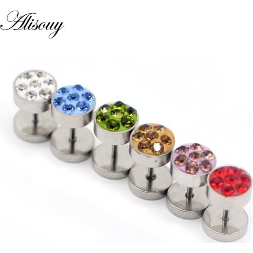 Alisouy 2pcs Simple Round Shine Stainless Steel Multi- color earrings Zircon Crystal Stud Earring For Men Women fashion Jewelry