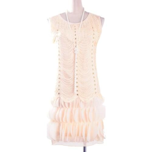 Beige Vintage 1920s Great Gatsby Dress Tiered Fringed Flapper Dress Charleston Party Fancy Costumes Sexy Tassel Dresses Beige