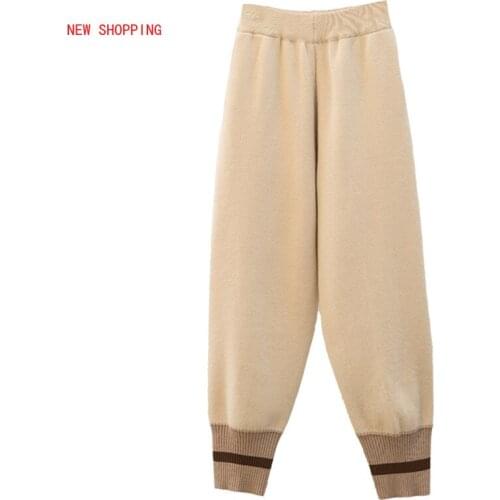 Autumn Winter Womens Thick Warm High-Waist Woolen Knit Pants Loose Sports Casual Pants Student New Black Beige Grey Sport Pants