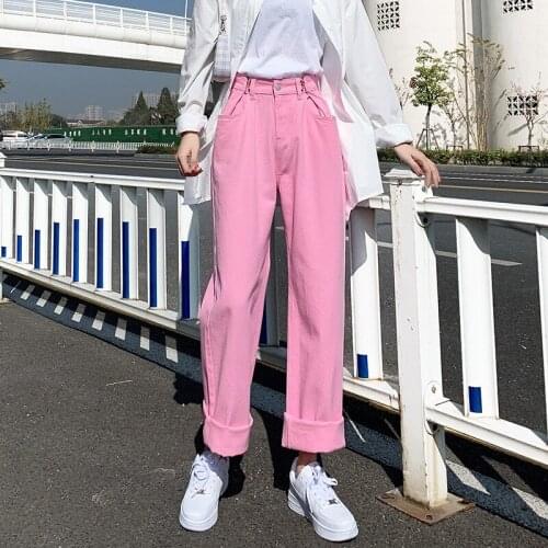 Fashion Color Pink Jeans Straight Wide Leg Jeans 2021l Woman Denim Pants High Waist Jeans Trousers Loose Casual Korean Jeans