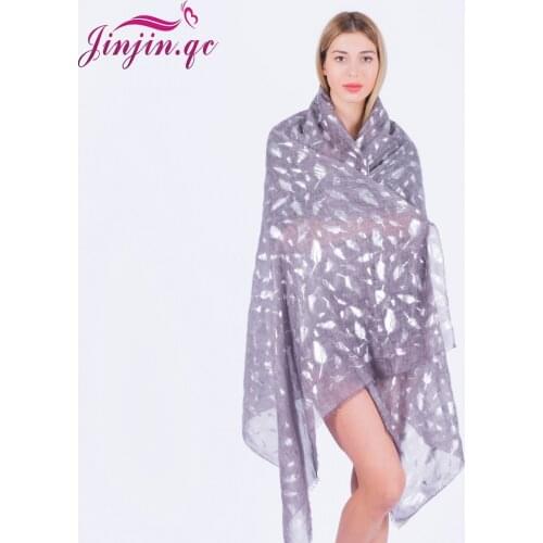 Jinjin.QC 2019 Spring Fashion Scarf Silver Feather Printed Scarves and Wraps Echarpe Foulard femme Hijab Drop Shipping