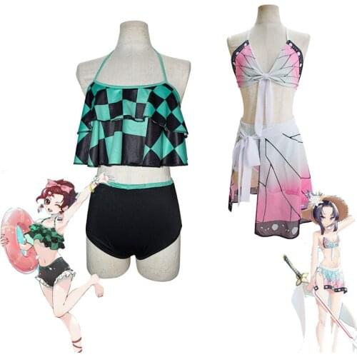 Anime Demon Slayer Swimsuit Kochou Shinobu Cosplay Costume Kamado Tanjirou Bikini Beach Swimsuit Set Summer Swimwear Suit Girl