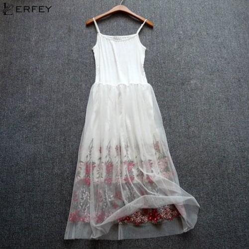 LERFEY Sexy Dress Spaghetti Strap Patchwork Mesh Embroidery Dress Women Tulle Gauze Lace Dress Sundress Party Dresses Vestidos