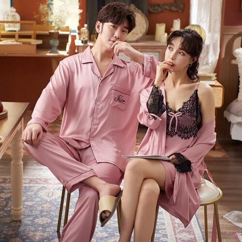 FZSLCYIYI Summer Couple Kimono Pajamas Faux Silk Men Long Sleeve Pants Sleepwear And Women Lace Trim Robes Sets