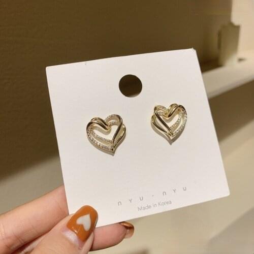 Fashion Exquisite Double-layer Heart-shaped Stud Earrings White Zircon Gold-plated Stud Earrings Elegant Womens Charm Jewelry
