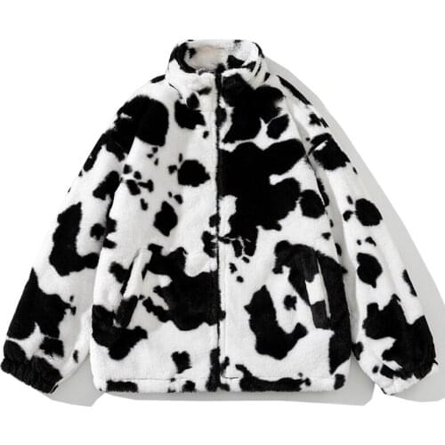 Autumn Warm Plush Jacket Men Cow Spots Pattern Soft Zipper Coat Fashion Street Outerwear Windbreaker Clothing Tops Male Female