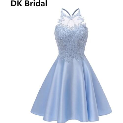 Prom Dresses Short 2019 Sexy Backless Light Blue Appliques Beaded Homecoming Dress Women Formal Party Dresses Robe De Soiree