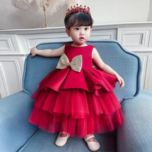 Popodion Baby Girl Dress Flower Girl Dresses Princess Dress One-year-old Baby Bow Puffy Cake Dress Children Gown FGD10129