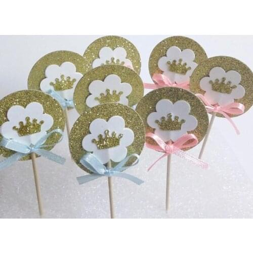 Prince or Princess Gold Glitter Crown Party Picks Cupcake Toppers baby shower kids Birthday wedding party toothpick